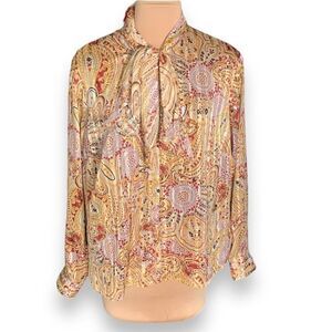 Vintage 80s Blouse Bow High Neck Tie Detail Long Sleeve Gold Burgundy Paisley